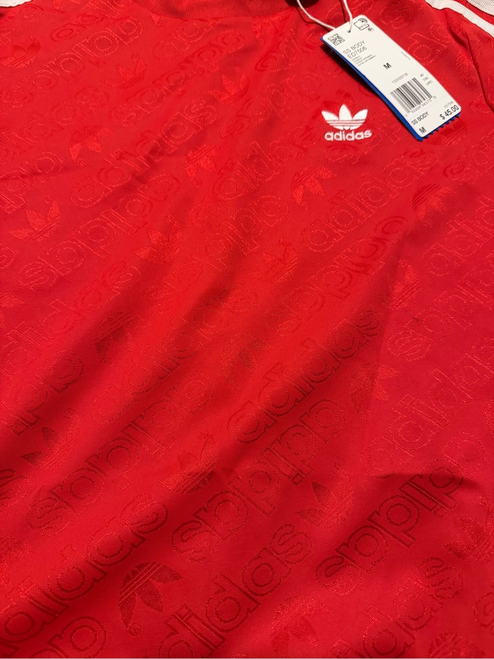 adidas Red Kids One-Piece Bodysuit with White 3-Stripes - Picture 3 of 7